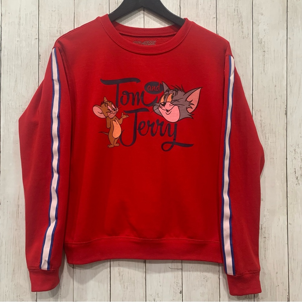 Tom & Jerry Women's Blue/White  Striped Sleeve Graphic Red  Sweatshirt Medium